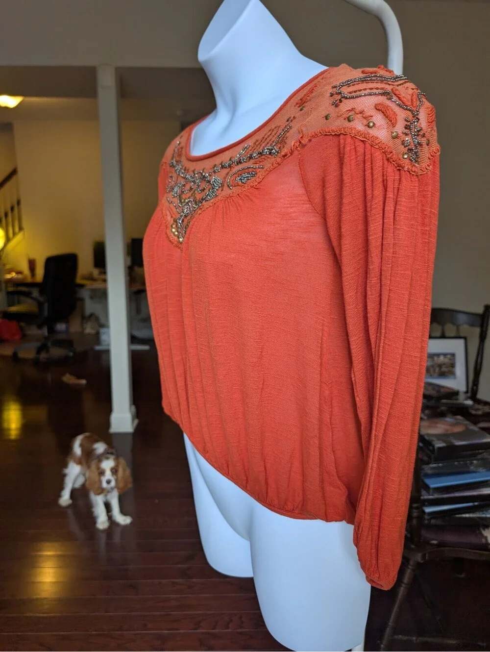 1826 - Free People Orange Embellished Long Sleeve Blouse XS
